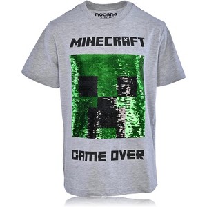 Boys Minecraft Video Game T-Shirt - Black and Green Creeper Face - Official Minecraft Shirt (Heather Grey Sequins, Large) - 1 of 4