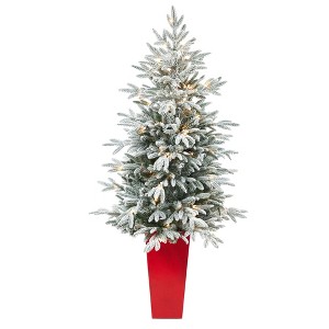 Nearly Natural 5’ Flocked Manchester Spruce Prelit Artificial Christmas Tree in Red Tower Planter - 1 of 1