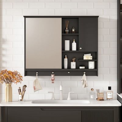 NicBex 36x28" Wall Mounted Medicine Cabinet,Bathroom Storage Cabinet with Mirror,Adjustable Shelves,1 Door&Towel Hooks,Bathroom Organizer