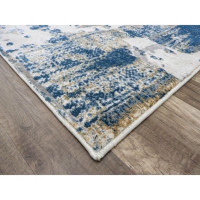 Sapphire Blue and Ivory Abstract Polyester Runner Rug