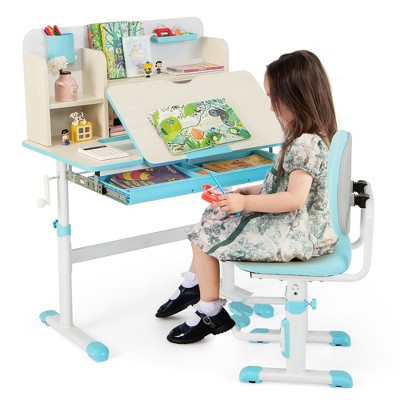 Tangkula Blue Kids Desk & Chair Set Height Adjustable Children School Study Table & Chair