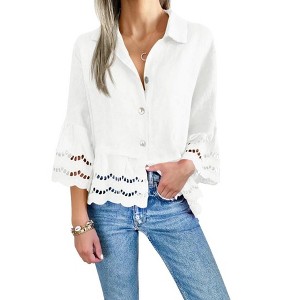 Women's Ruffle Hem Flutter Sleeve Blouse Casual Lapel Collar Button Down Shirt - 1 of 3