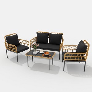 4 Pieces Outdoor Patio Furniture Set, Wicker Boho All-Weather Furniture Set with Glass Side Table, Loveseat Chairs & Detachable Cushions, Patio Conv - 1 of 4