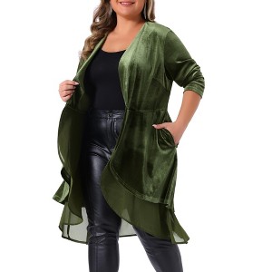 Agnes Orinda Women's Plus Size Velvet Layered Mesh Hem Open Front Long Sleeve Cardigans - 1 of 4