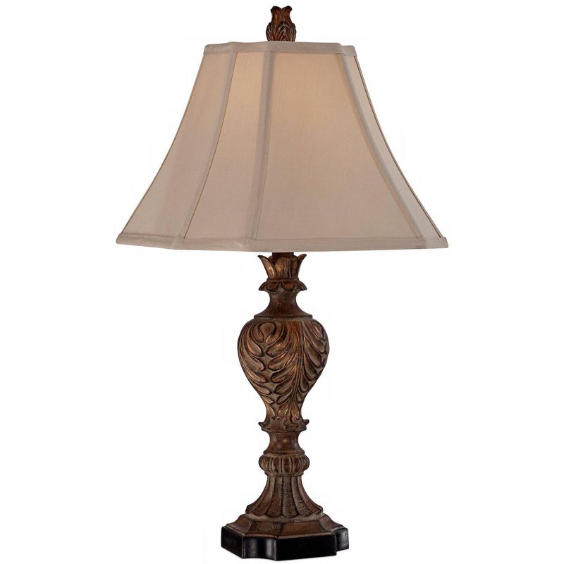 Regency Hill Regio Traditional Table Lamp 25 1/2" High Carved Brown Tan Fabric Square Bell Shade for Bedroom Living Room Bedside Nightstand Office, 1 of 7