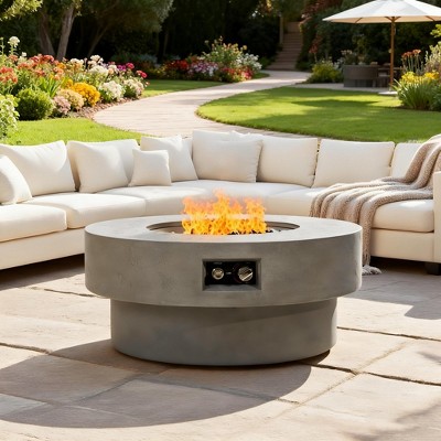 34" Round Propane Fire Pit Table, 50,000 BTU Outdoor Gas Firepit with Round Burner Lid, Glass Rocks & Waterproof Cover for Patio, Garden, Backyard