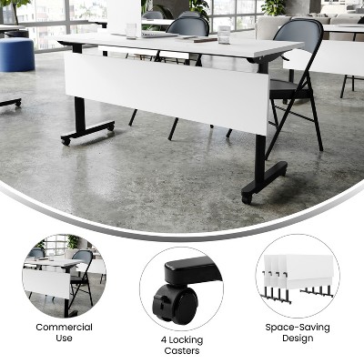 White and Black Rectangular Folding Training Table with Casters