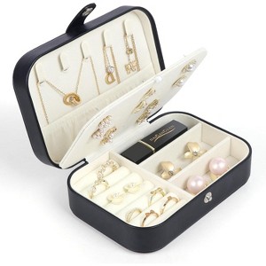 HTUTWOO Small Portable Jewelry Organizer, Double Layer PU Leather Mini Jewelry Holder Gift Box for Girls Women - 1 of 4