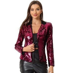 INSPIRE CHIC Women's Velvet Contrast Collar Shiny Metallic Cropped Sequin Blazers - 1 of 4
