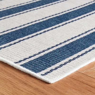 Blue and White Stripe Washable Synthetic Runner Rug