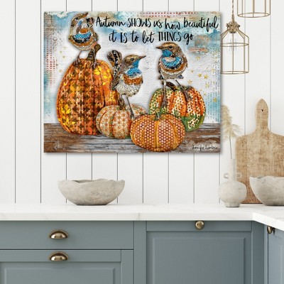 Autumn Birds and Pumpkins Mixed Media Canvas Wall Art, 16x20