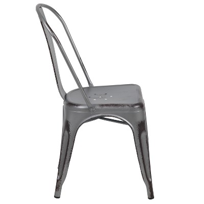 Distressed Silver Gray Metal Indoor-Outdoor Stackable Armless Chair