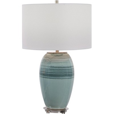 Uttermost Modern Table Lamp 26 1/2" High Aqua Teal Crackle Glaze Ceramic White Linen Drum Shade for Living Room Bedroom House Home