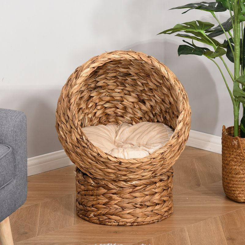 PawHut 20" Natural Braided Elevated Cat Bed Basket House Chair Sofa With Cushion, 3 of 9