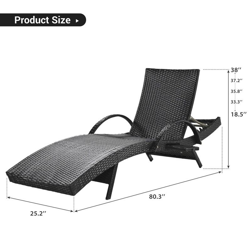 80'' Outdoor Wicker Chaise Lounge Chairs Set of 2, Patio Rattan Reclining Chair Pull-out Side Table Adjustable Backrest Ergonomic Wave Design, 3 of 6