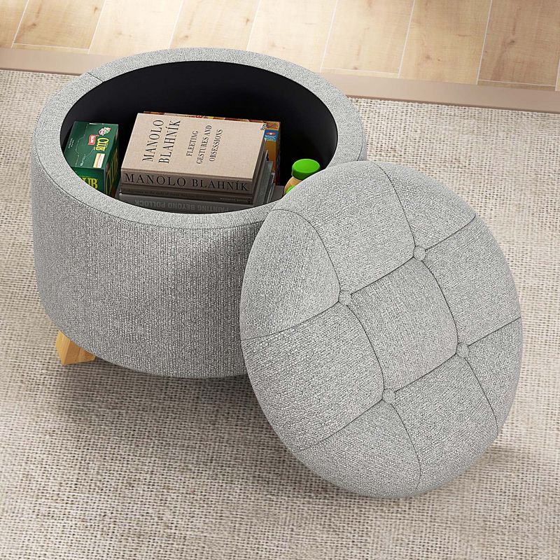 Costway Upholstered Round Ottoman Cushioned Storage Footstool with Solid Rubber Feet Grey, 3 of 11