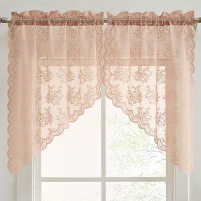 HLC.ME Jolene Floral Rod Pocket Lace Short Cafe Swags for Small Windows, Kitchens, and Basement Windows - Set of 2