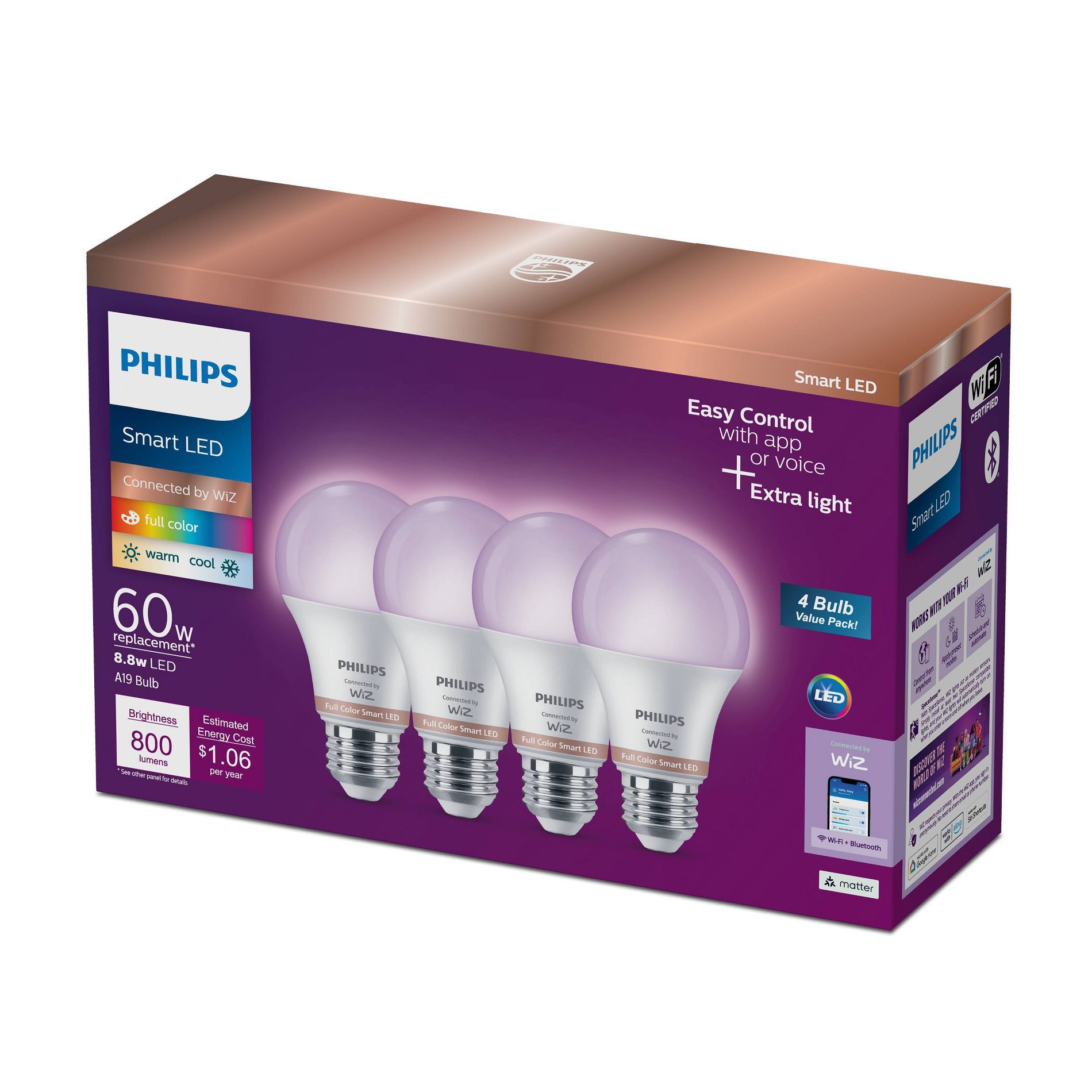 Philips 4pk Smart Wi-Fi 60W Multi-colored LED Light Bulbs A19: E26 Base, Voice Control, Dimmable, Compatible with Alexa, Google, Siri
