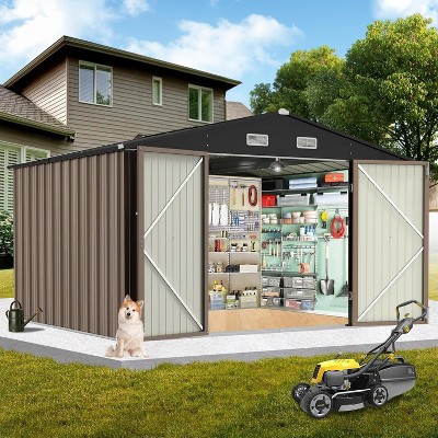 Acekool 10x12 Ft Outdoor Storage Shed, Large Galvanized Steel Tool Shed with Sliding Lockable Door & Sloped Ventilated Roof, Metal Utility Yard Shed