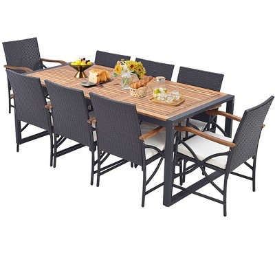 Tangkula 9 PCS Patio Rattan Dining Set w/ Acacia Wood Table 1.9" Umbrella Hole