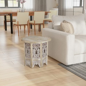 Royal Hampton 24 Inch Round Accent Side Table with Mango Wood Top Featuring Floral Cut-Out Carved Motifs - 1 of 4