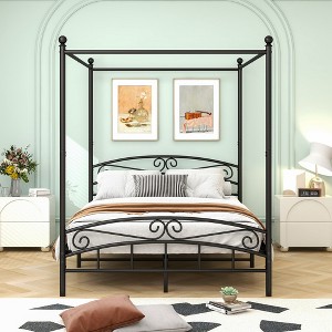 Queen Size Metal Canopy Bed Frame with Princess Headboard and Footboard, Fantasy Platform Bed with Storage Underneath - 1 of 4