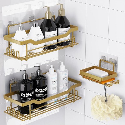 Attop Shower Shelf Organizer, 3-Pack Shower Shelf with Soap Holder, No Drilling Required Wall-Mounted Self-Adhesive Shower Shelf, Matte Gold