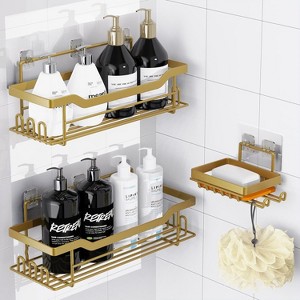 Attop Shower Shelf Organizer, 3-Pack Shower Shelf with Soap Holder, No Drilling Required Wall-Mounted Self-Adhesive Shower Shelf, Matte Gold - 1 of 4