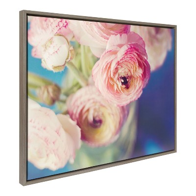 Large Pink and Blue Floral Canvas Print with Gray Frame