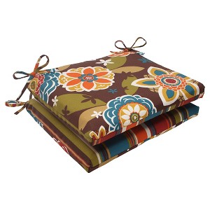 Outdoor 2-Piece Reversible Square Seat Cushion Set - Brown/Turquoise Floral/Stripe