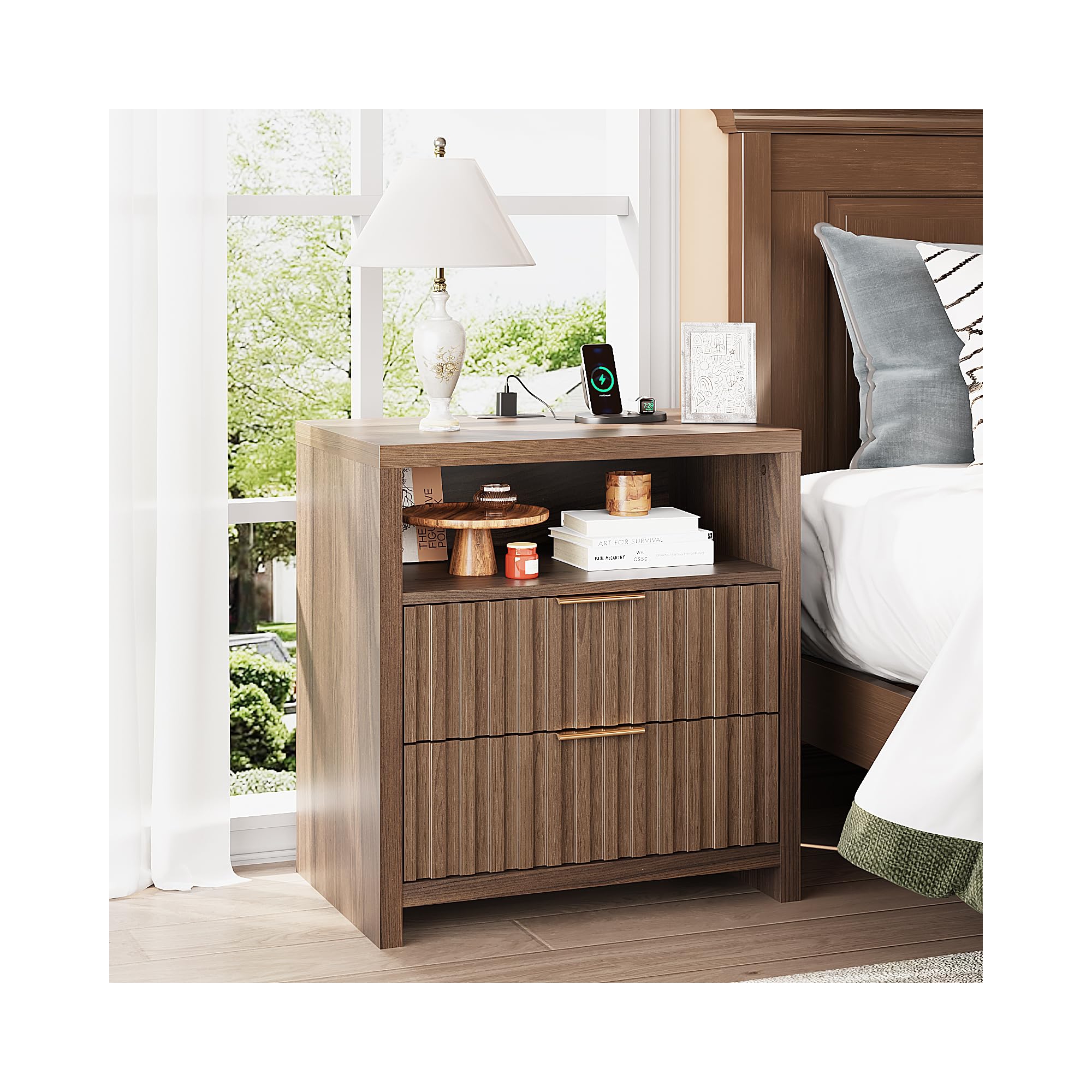 VINGLI Fluted Nightstand with Charging Station, 23.6" W Mid Century Modern Nightstand for Bedroom, 2 Drawer Bedside Table