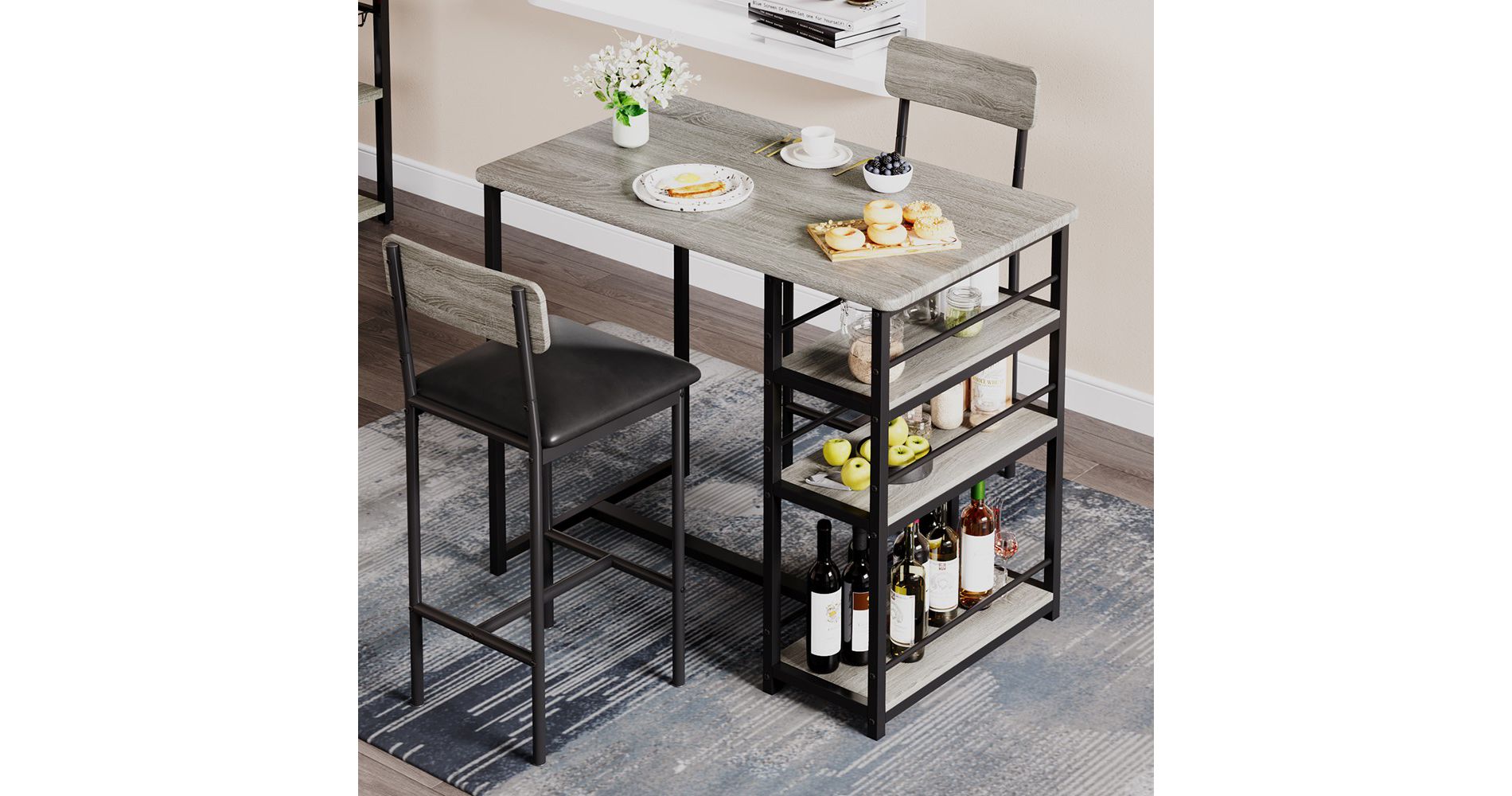 Kitchen Table Set, Dining Table and 2 Upholstered Bar Chairs with 3 Large Storage Shelf, Wooden Table Set for Small Spaces, Apartment, Home