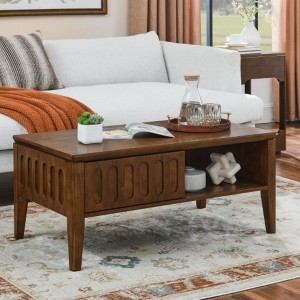 Mid Century Modern Grooved Coffee Table With Storage Sliding Doors, Vintage Farmhouse Wood Center Table For Living Room And Apartment Office - 1 of 4
