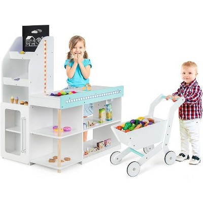 Costzon Grocery Store Pretend Play, Wooden Play Store with Light, Shopping Cart, Cash Register, Vending Machine & Chalkboard