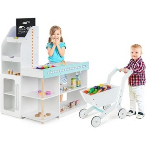 Costzon Grocery Store Pretend Play, Wooden Play Store with Light, Shopping Cart, Cash Register, Vending Machine & Chalkboard - 1 of 4