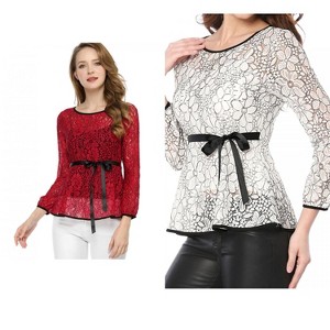 INSPIRE CHIC Women's 2 Packs Semi-Sheer Elegant Tie Waist Long Sleeve Floral Lace Peplum Blouses Green X-Large - 1 of 4