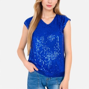 Anna-Kaci Women's Sequin V-Neck Top with Cap Sleeves and Relaxed Fit - 1 of 4