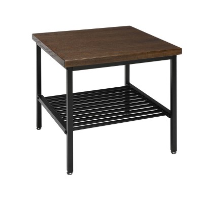 Industrial Modern Wood Top/Metal Frame Side Table with Metal Shelf Black/Walnut - OFM