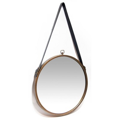 Round Brass Metal Frame Mirror with Leather Strap