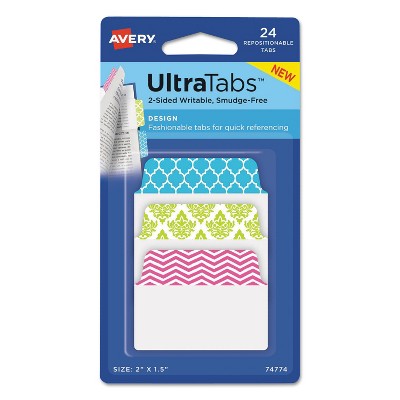 Avery Ultra Tabs Repositionable Tabs 2 x 1 1/2 Patterns: Blue Green Pink 24/Pack 74774