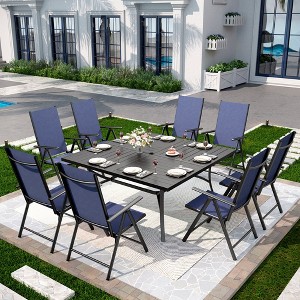 Captiva Designs 9pc Spacious Slat-top Square Metal Table with Umbrella Hole & Reclining Foldable Sling Chairs - 1 of 4