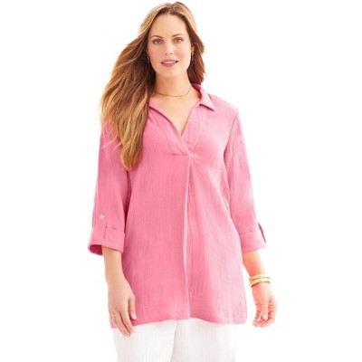 Catherines Women's Plus Size Anywear Pucker Cotton V-Neck Placket Blouse