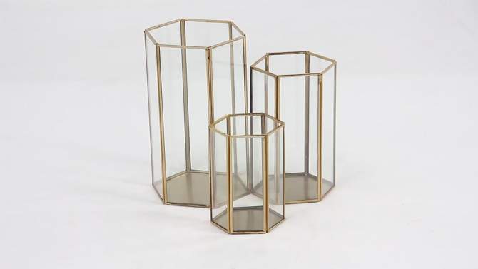Set of 3 Modern Metal and Glass Candle Holders with Hexagon Silhouettes Gold - CosmoLiving by Cosmopolitan, 2 of 22, play video