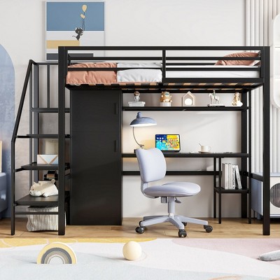 YOOCOZZ Twin Size Metal Loft Bed with Desk, 4-Layer Ladder Shelves, Built-in Wardrobe