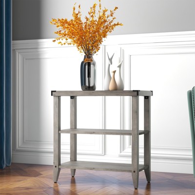 Grey Farmhouse End Table, 3 Tier Rustic Side Table, Narrow Sofa Table Set of 2 with Ample Storage Shelf