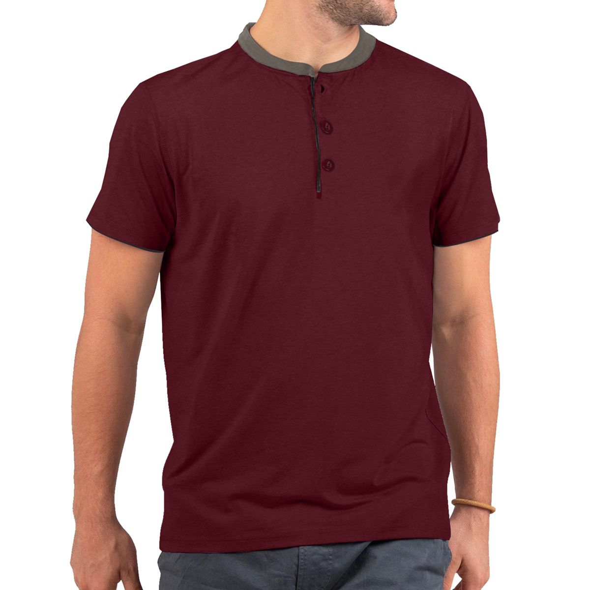Men's Short Sleeve Henley T-Shirt with Contrast-Trim - thumbnail 5