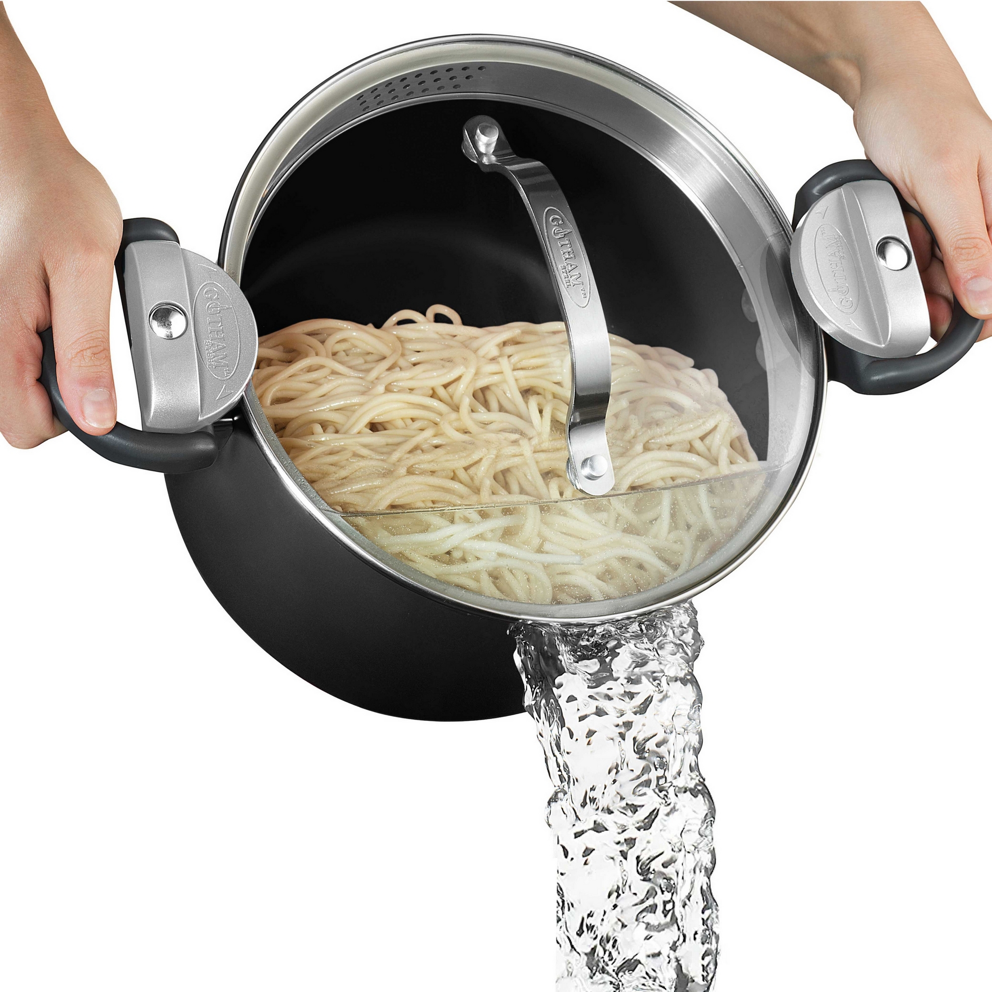 Gotham Steel 5 Qt Nonstick Pasta Pot with Strainer Lid & Twist Lock Handles Ceramic Black Stock Pot Dishwasher Safe