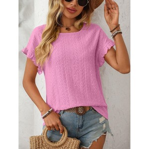 Coolmee Womens Summer Ruffle Short Sleeve Tops Crewneck Hollow Out T Shirts Casual Blouses - 1 of 4