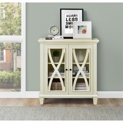 Ivory Glass Double Door Accent Cabinet with Shelves