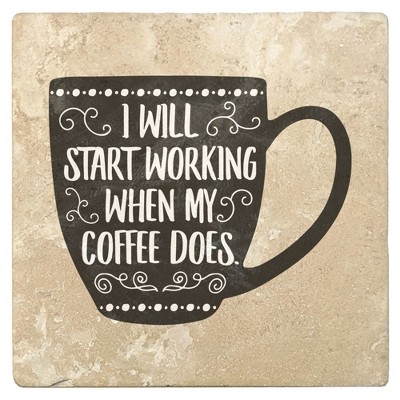 Christmas by Krebs Set of 4 Ivory and Black "I WILL START WORKING WHEN MY COFFEE DOES" Square Coasters 4"